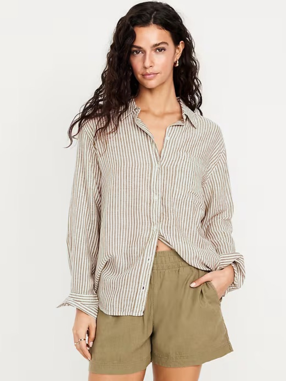 Old Navy Button-Down Linen-Blend Striped Shirt: Olive Stripe - XL
